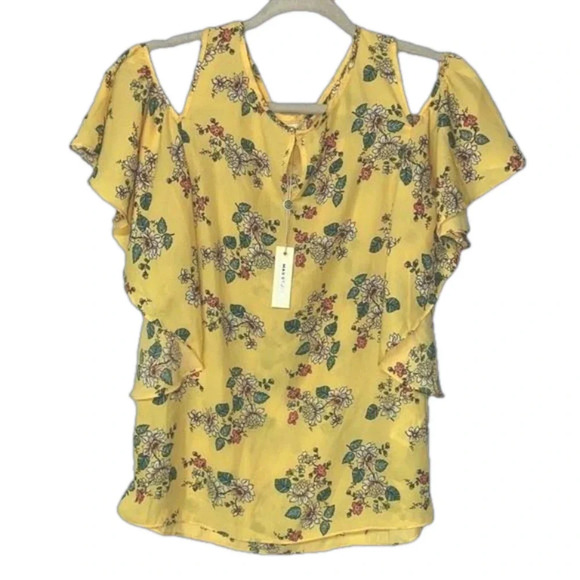 NWT floral print top Max Studio ruffle sleeve bright yellow top spring summer - Picture 1 of 9